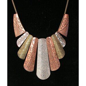 Multicolored Etched Metal Statement Necklace With Adjustable Chain Clasp